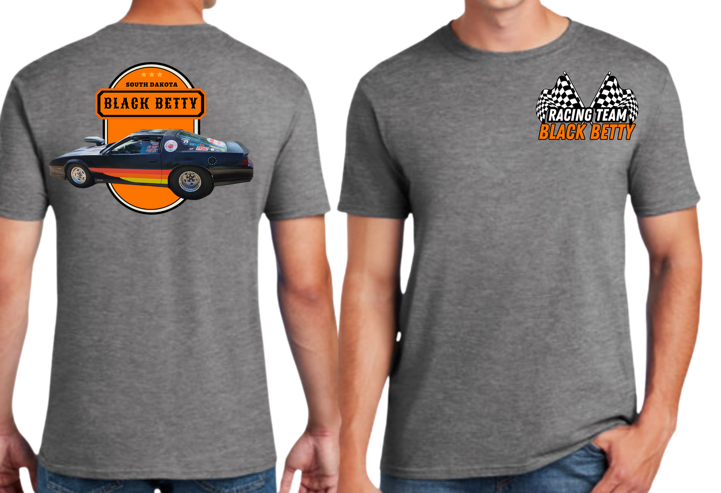 Black Betty- Charcoal Tshirt- Oval - Racing Team Flags-Pocket, Large Back