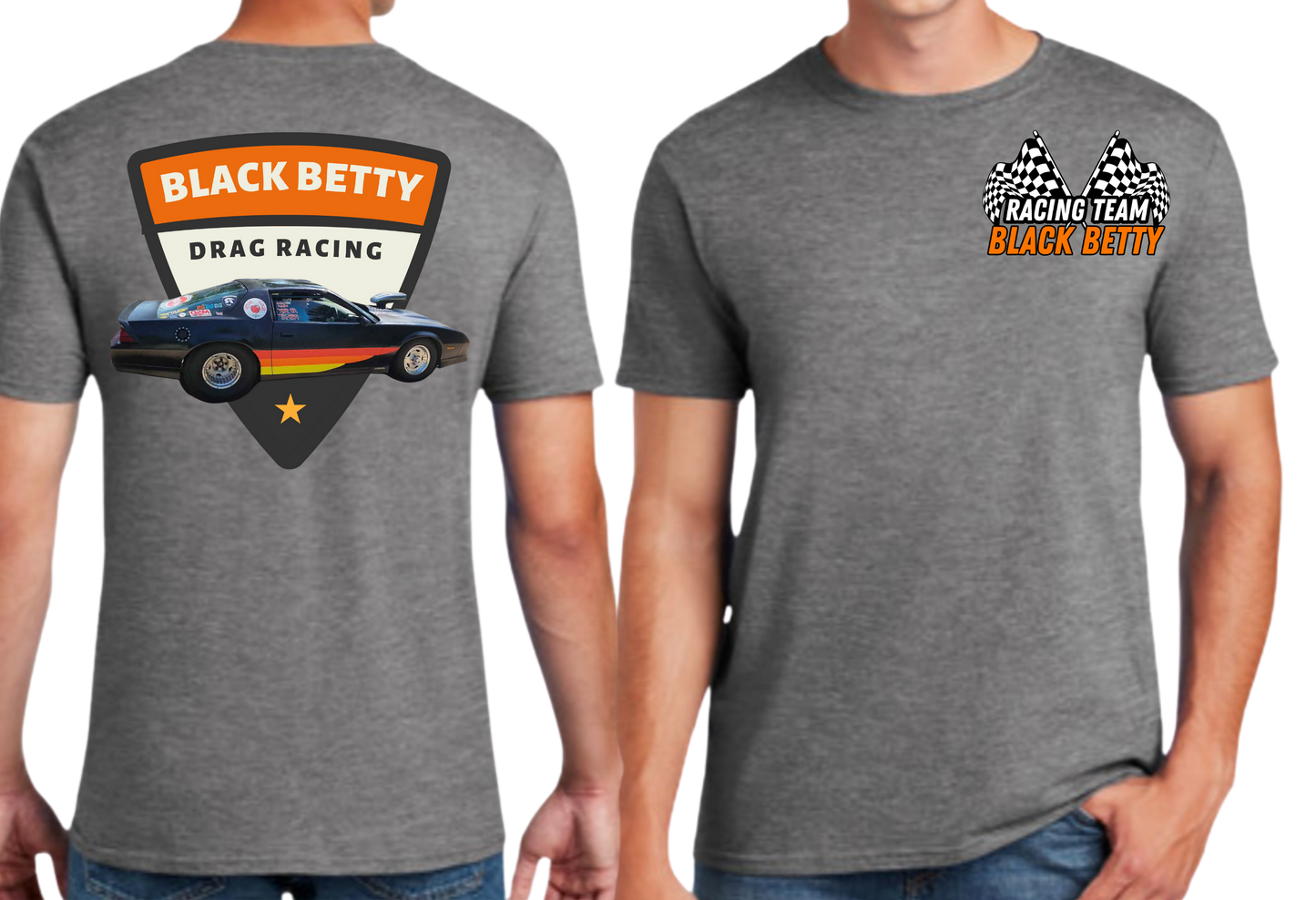 Black Betty- Charcoal Tshirt- Retro - Racing Team Flags-Pocket, Large Back