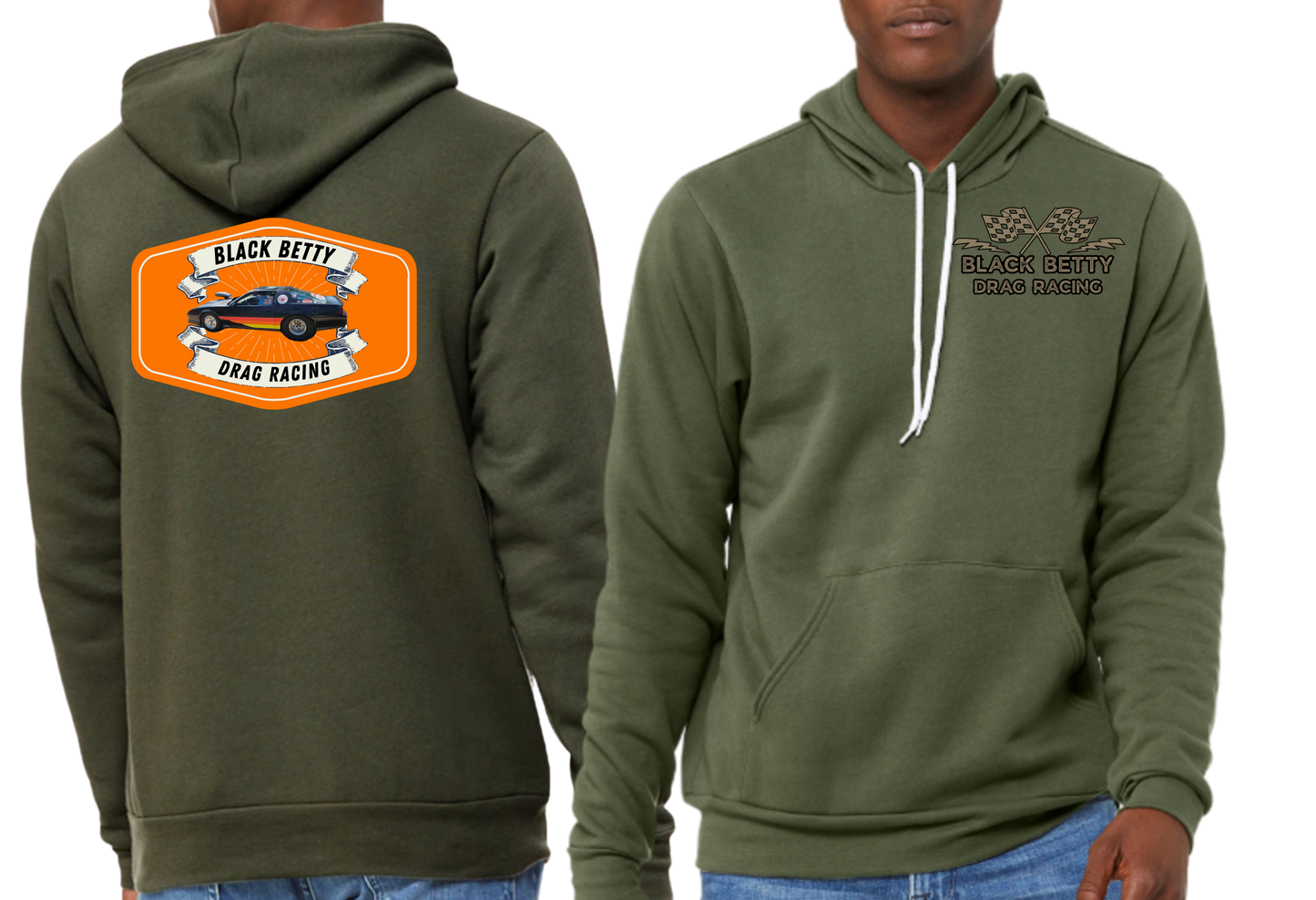 Black Betty- Military Green PREMIUM Hoodie- Badge- Grey Racing Team Flags-Pocket, Large Back