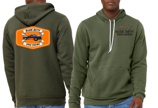 Black Betty- Military Green PREMIUM Hoodie- Badge- Grey Racing Team Flags-Pocket, Large Back