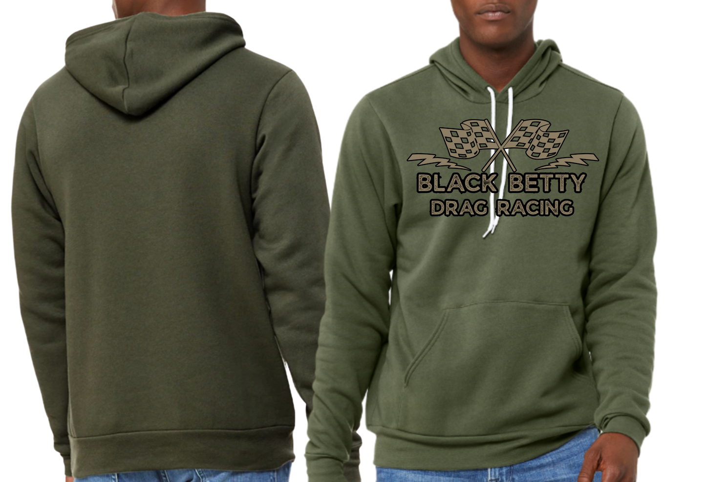 Black Betty- Military Green PREMIUM Hoodie- Grey Racing Team Flags-Full Front (Copy)