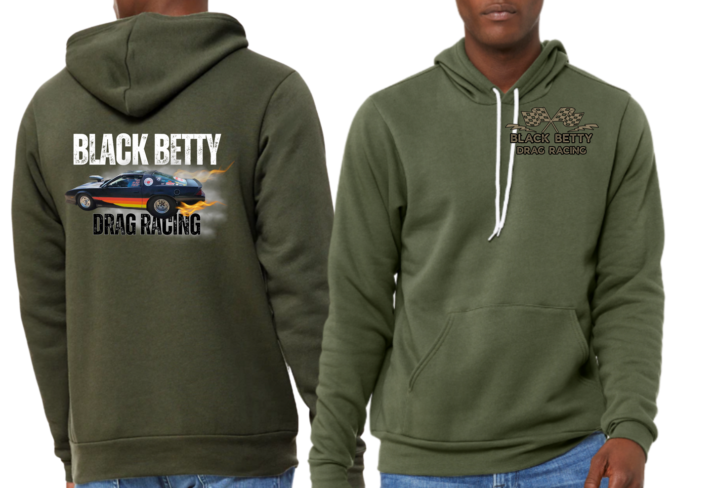 Black Betty- Military Green PREMIUM Hoodie- Main Car- Grey Racing Team Flags-Pocket, Large Back