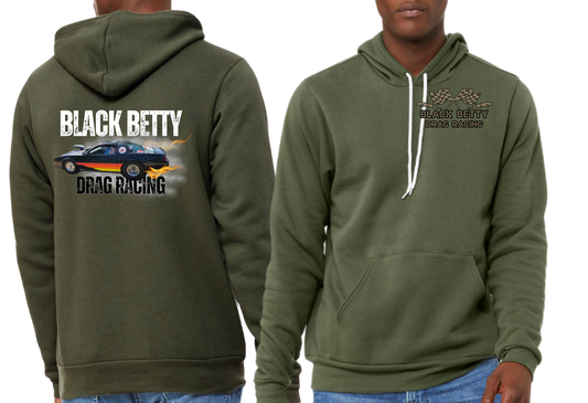 Black Betty- Military Green PREMIUM Hoodie- Main Car- Grey Racing Team Flags-Pocket, Large Back