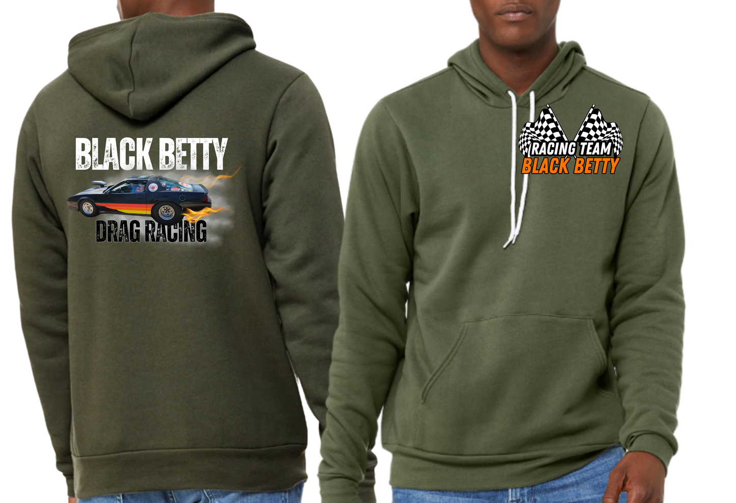 Black Betty- Military Green PREMIUM Hoodie- Main Car-  Racing Team Flags-Pocket, Large Back