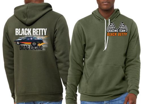 Black Betty- Military Green PREMIUM Hoodie- Main Car-  Racing Team Flags-Pocket, Large Back