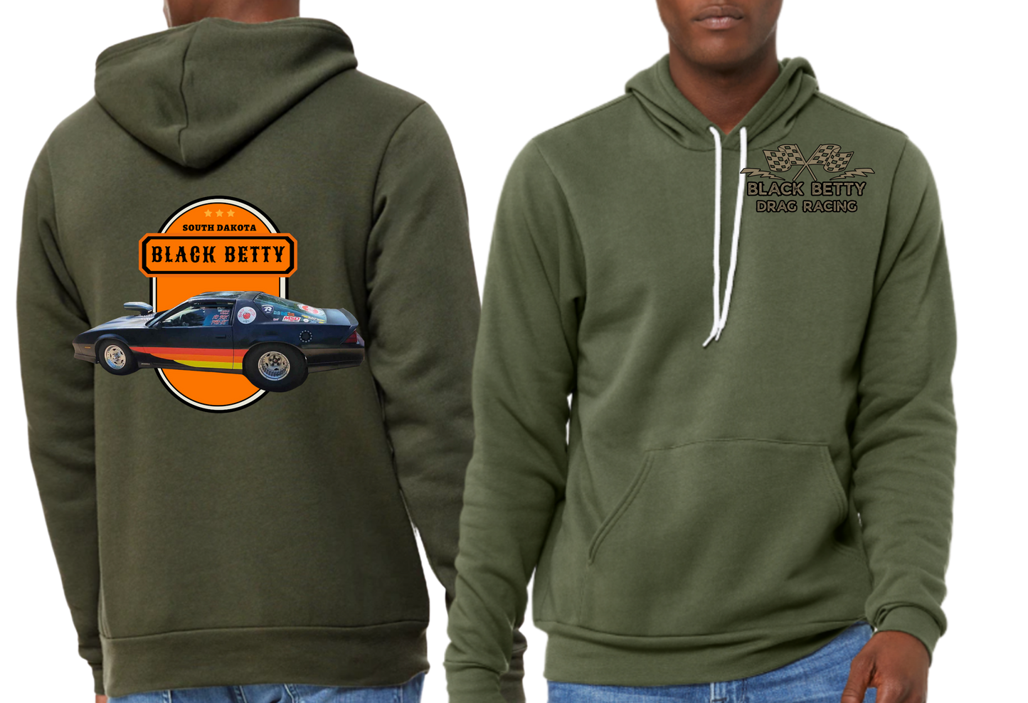 Black Betty- Military Green PREMIUM Hoodie- Oval- Grey Racing Team Flags-Pocket, Large Back