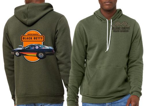 Black Betty- Military Green PREMIUM Hoodie- Oval- Grey Racing Team Flags-Pocket, Large Back