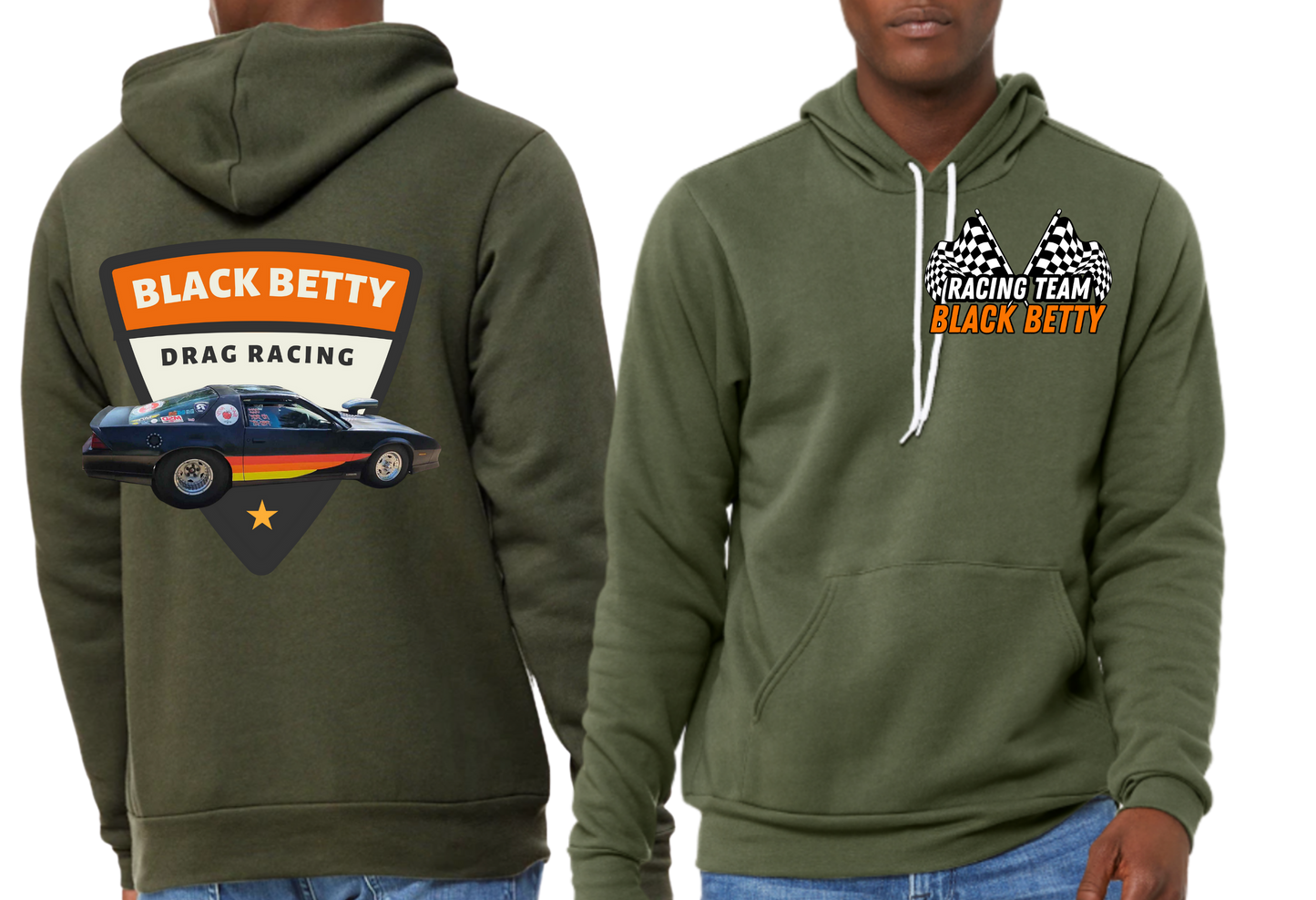 Black Betty- Military Green PREMIUM Hoodie- Retro-  Racing Team Flags-Pocket, Large Back