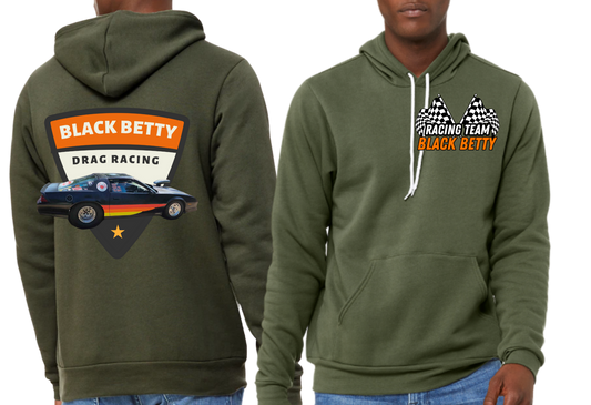 Black Betty- Military Green PREMIUM Hoodie- Retro-  Racing Team Flags-Pocket, Large Back
