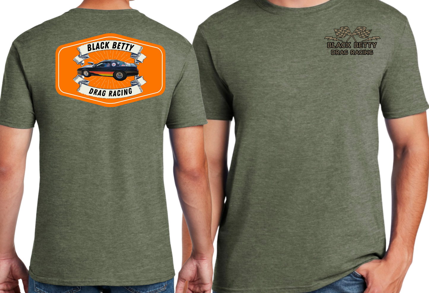 Black Betty- Military Green Tshirt- Badge- Grey Racing Team Flags-Pocket, Large Back