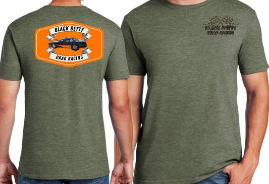 Black Betty- Military Green Tshirt- Badge- Grey Racing Team Flags-Pocket, Large Back