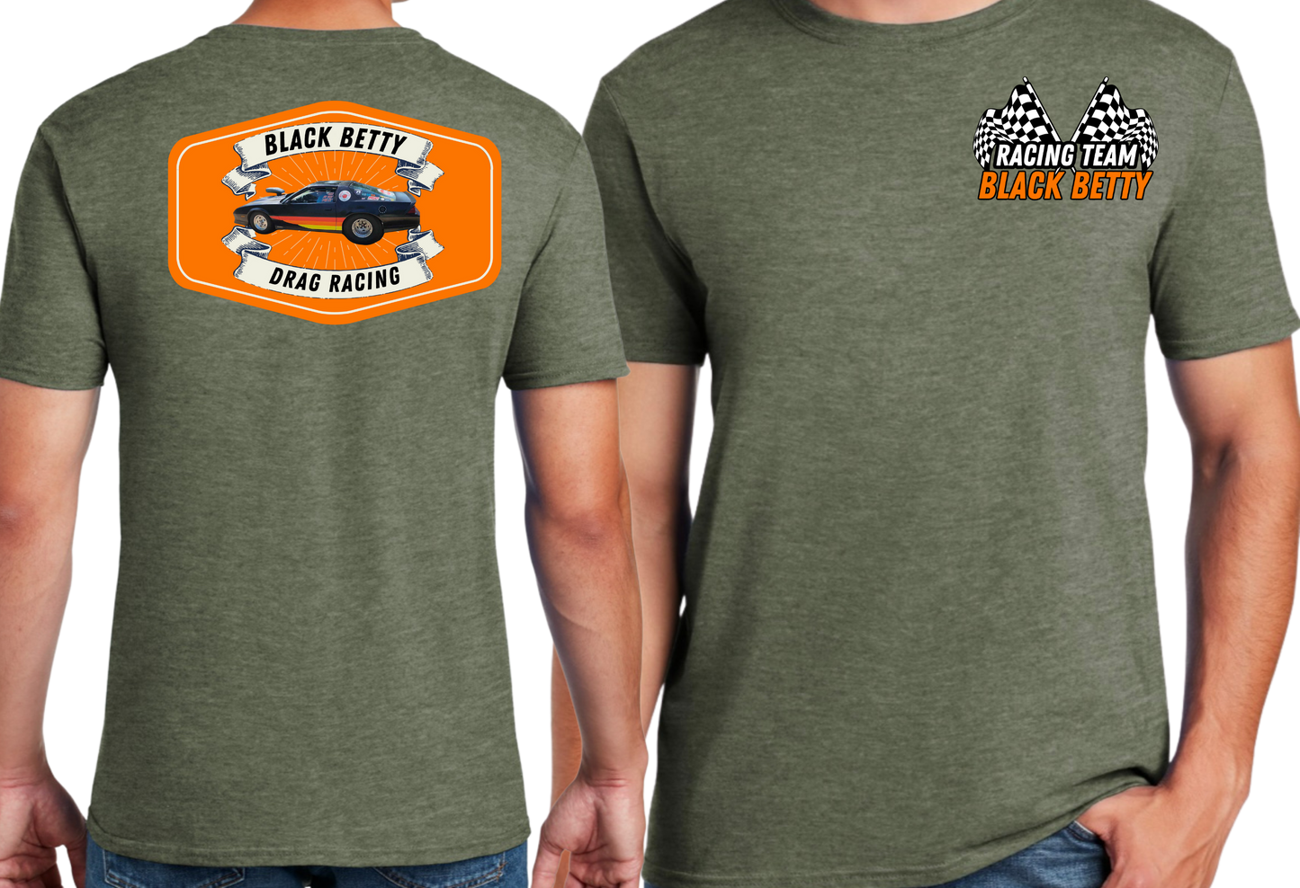 Black Betty- Military Green Tshirt- Badge - Racing Team Flags-Pocket, Large Back