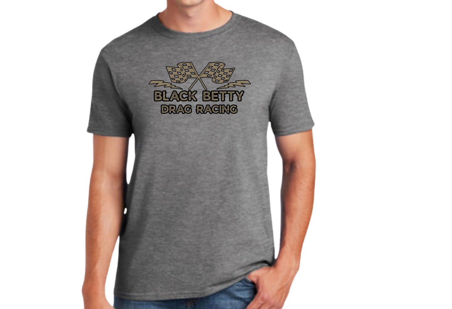 Black Betty- Charcoal Tshirt- Grey Racing Flags- Full Front