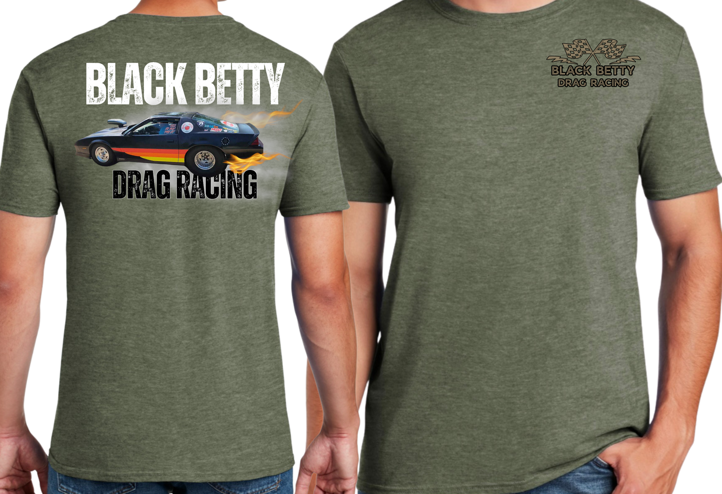 Black Betty- Military Green Tshirt- Main Car- Grey Racing Team Flags-Pocket, Large Back