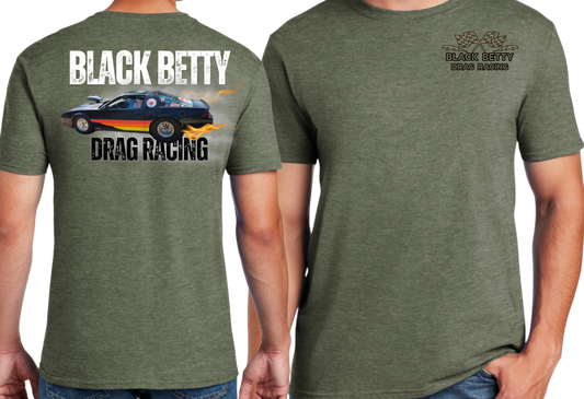 Black Betty- Military Green Tshirt- Main Car- Grey Racing Team Flags-Pocket, Large Back