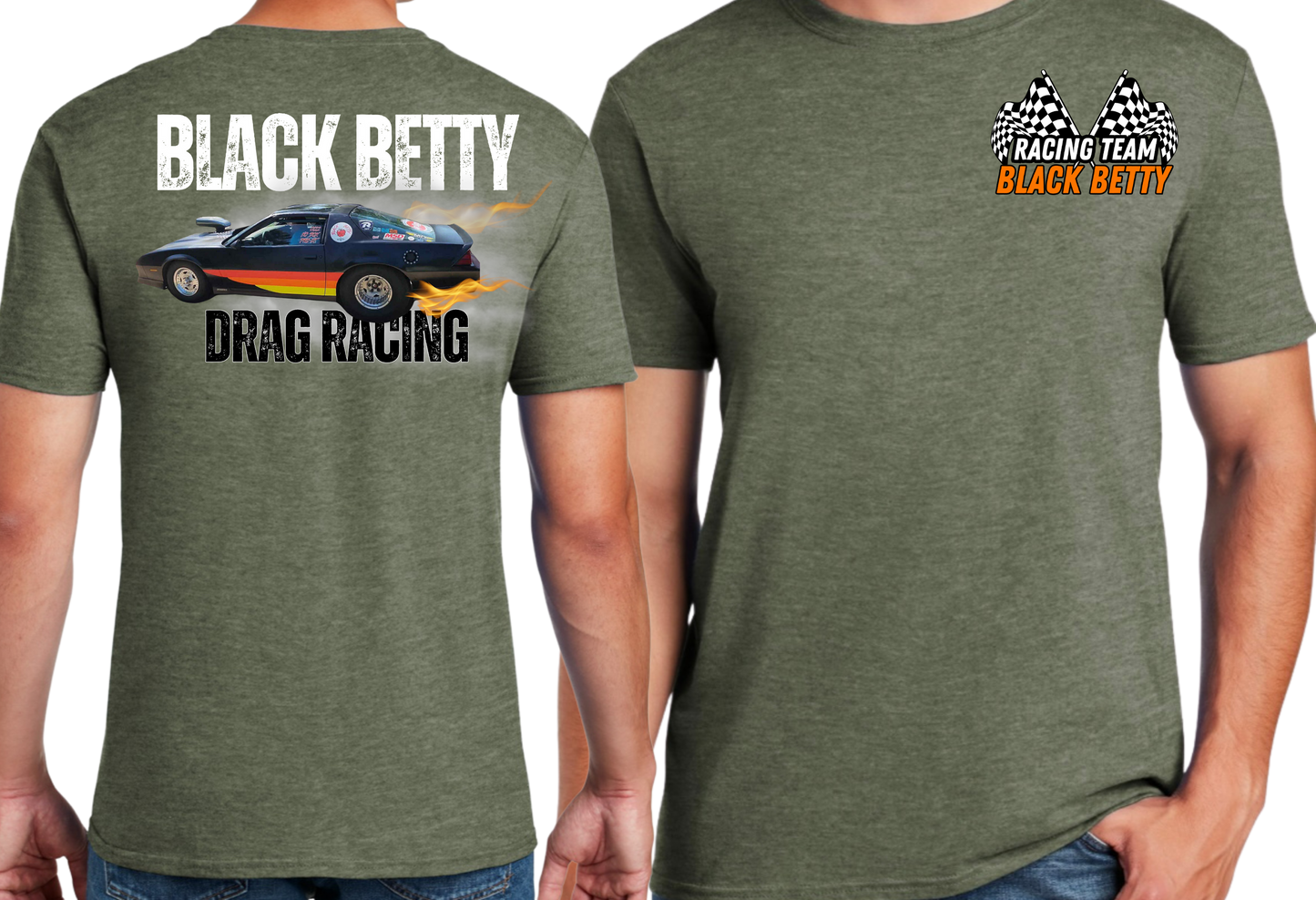 Black Betty- Military Green Tshirt- Main Car- Racing Team Flags-Pocket, Large Back