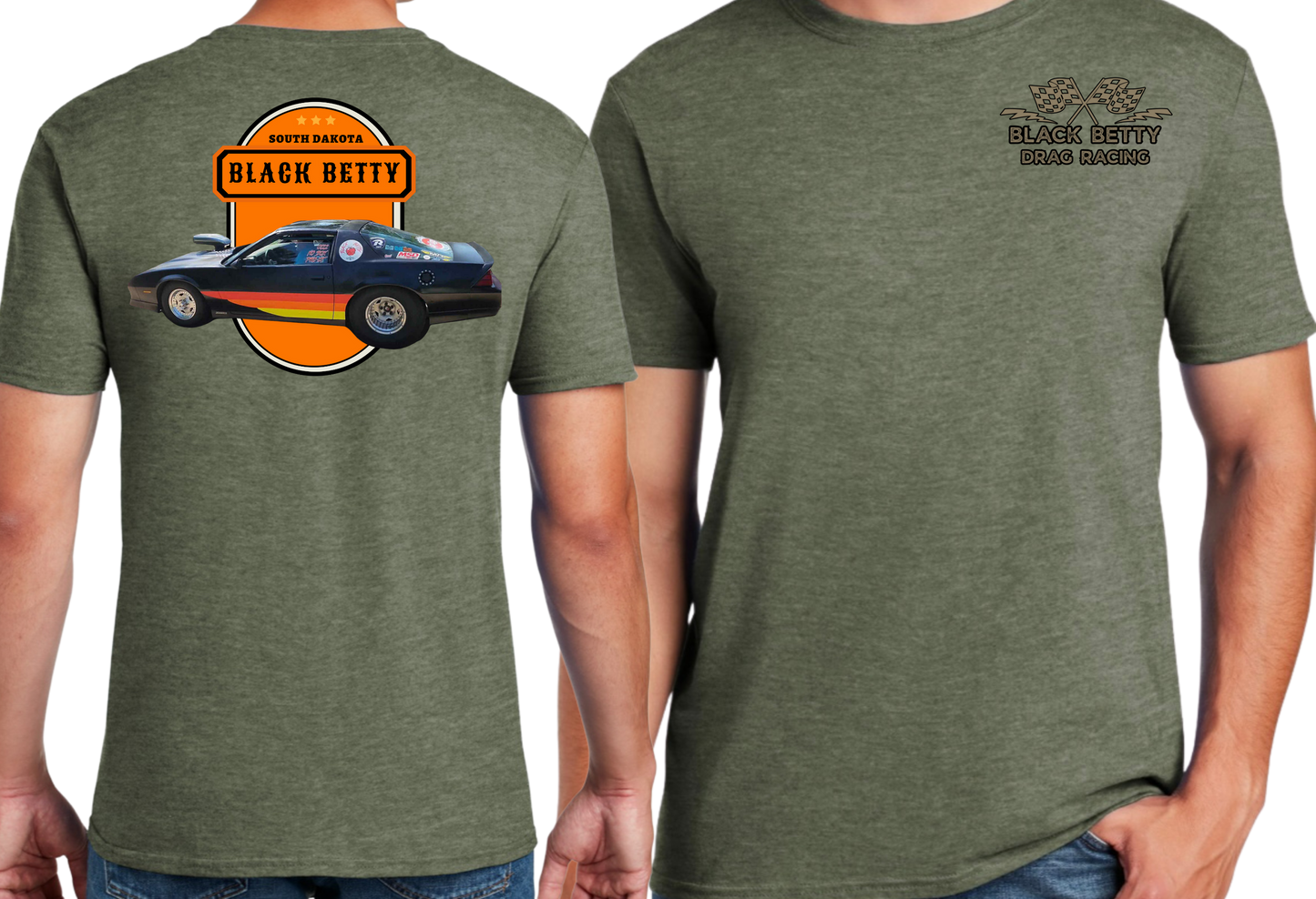 Black Betty- Military Green Tshirt- Oval- Grey Racing Team Flags-Pocket, Large Back