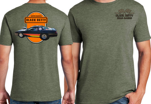 Black Betty- Military Green Tshirt- Oval- Grey Racing Team Flags-Pocket, Large Back