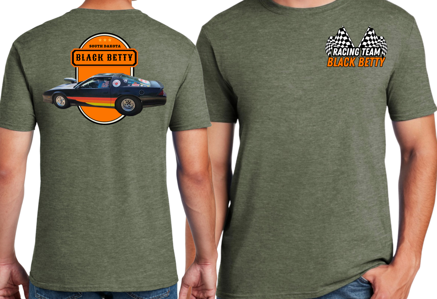 Black Betty- Military Green Tshirt- Oval - Racing Team Flags-Pocket, Large Back
