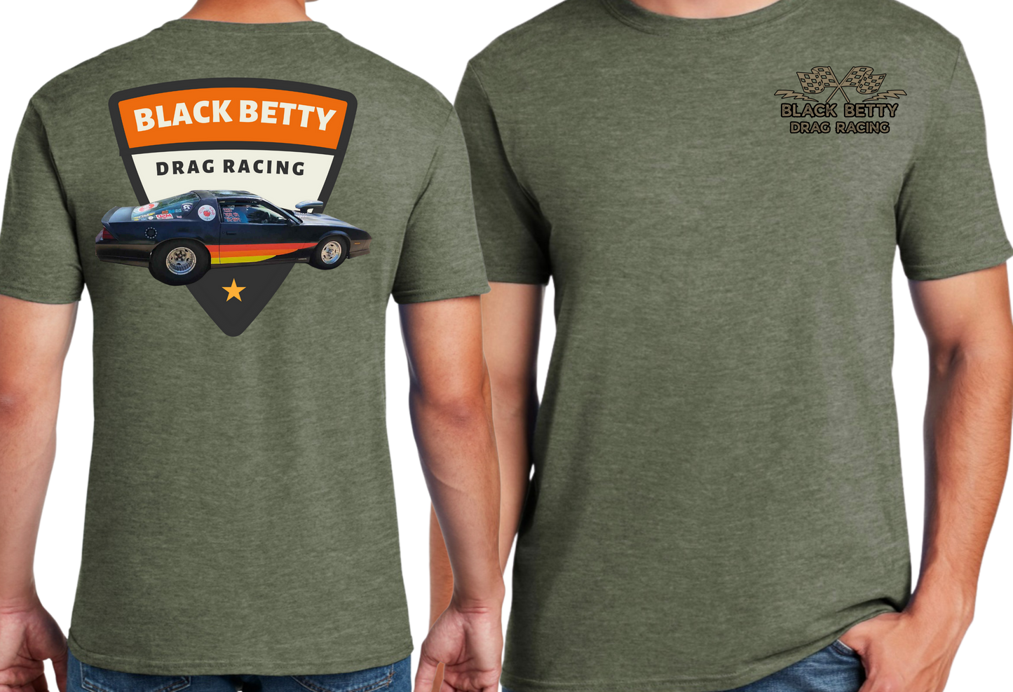 Black Betty- Military Green Tshirt- Retro- Grey Racing Team Flags-Pocket, Large Back