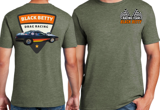 Black Betty- Military Green Tshirt- Retro - Racing Team Flags-Pocket, Large Back