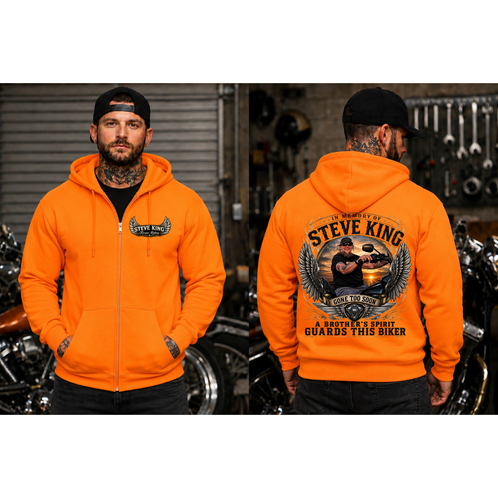 Steve King Memorial- ZIPUP- High Viz Orange- "A Brother's Spirit Guards This Biker"